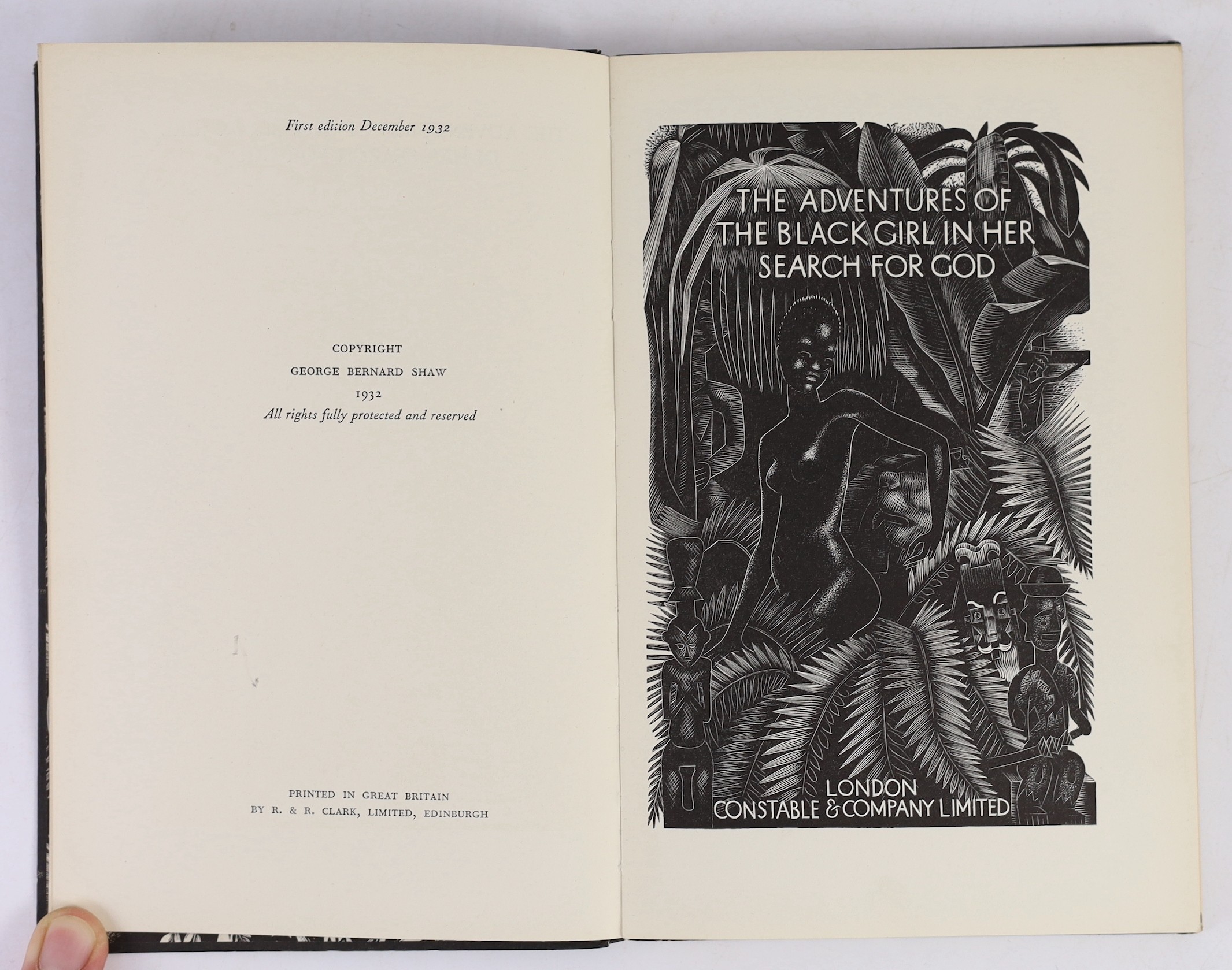 Shaw, Bernard - The Adventures of the Black Girl in her Search for God, 1st edition, illustrated with 20 wood engravings by John Farleigh, 8vo, original pictorial boards, Constable & Company Limited, London, 1932